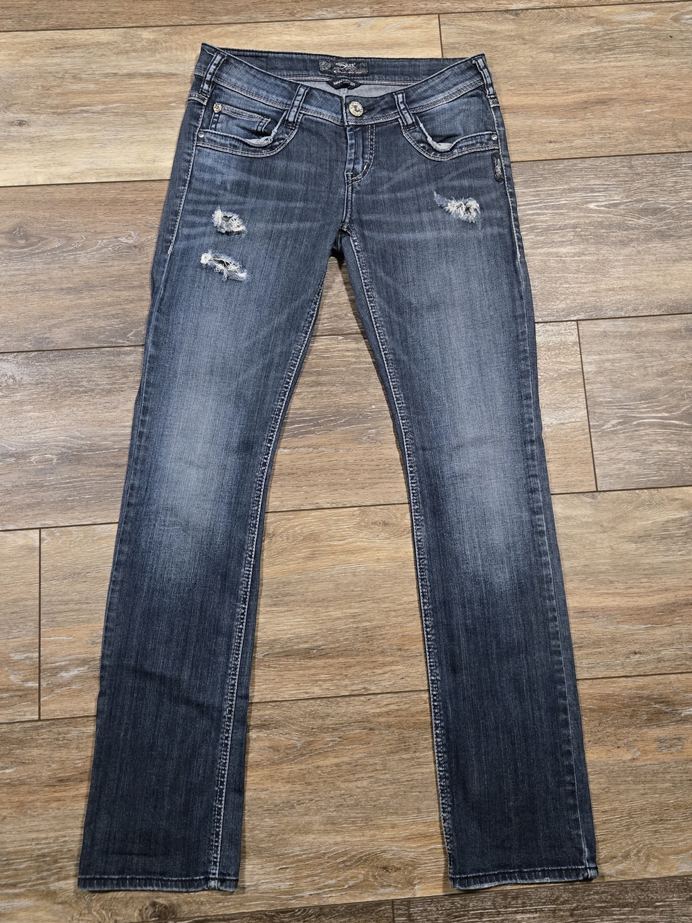 Silver Manchester Straight Leg Jeans - Distressed Faded Dark Blue